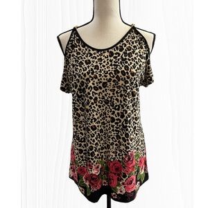 WOMEN’S ANIMAL PRINT FLORAL COLD SHOULDER SHORT SLEEVE BLOUSE